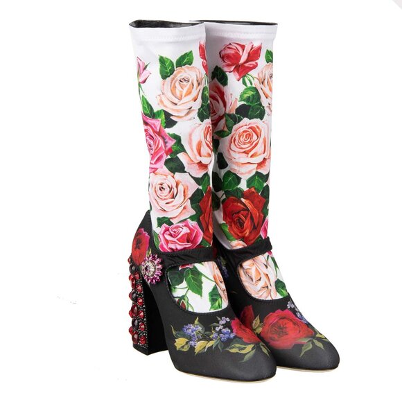 Dolce & Gabbana - Roses Printed Elastic Socks Pumps VALLY with Crystals Heel Bla - Picture 1 of 5